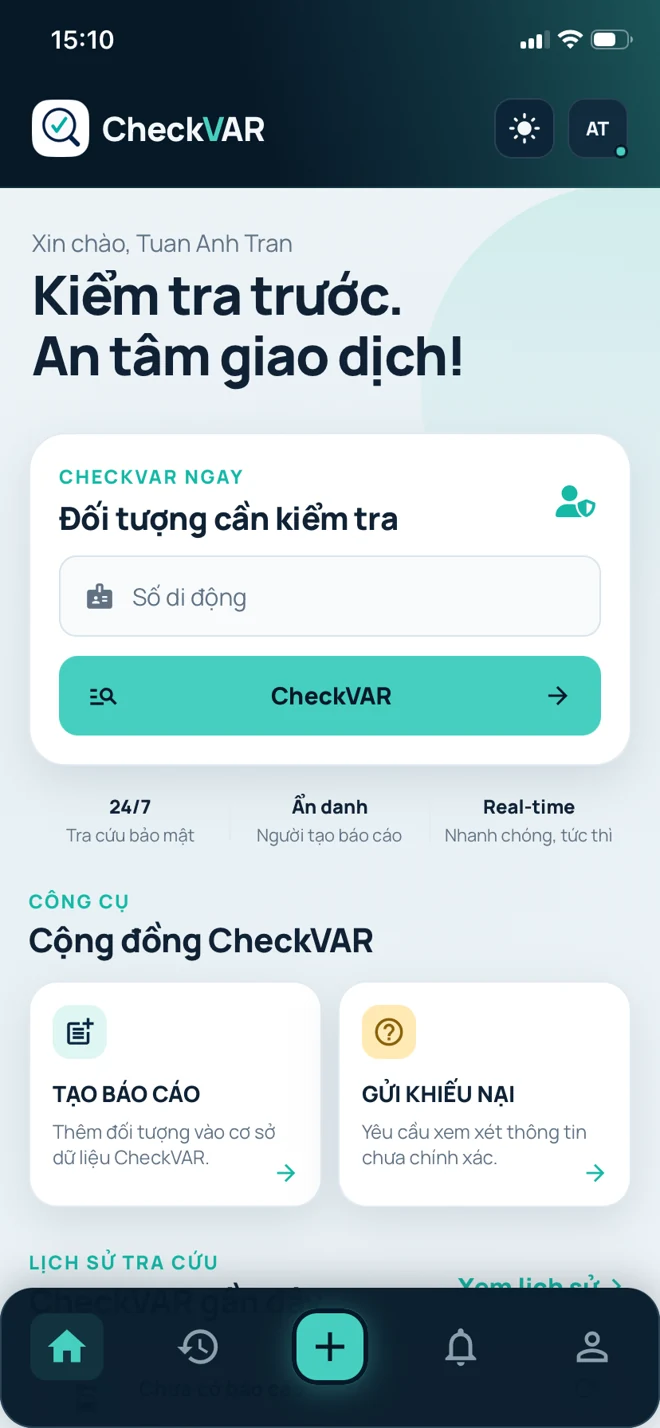 Trang chủ CheckVAR chế độ sáng với ô tra cứu số di động, tạo báo cáo và gửi khiếu nại